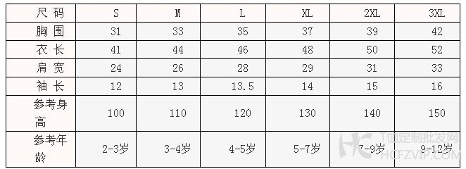 儿童T恤衫尺码对照表